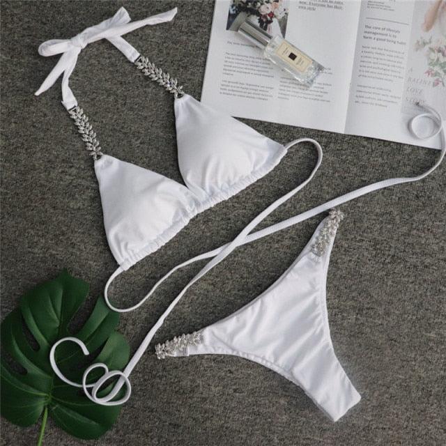 Shiny Diamond Bikini Push Up Halter Swimsuit Female Crystal Swimwear Women Bathing Suit New Women's Crystal Diamond Swimsuit High Cut Bikini Set Straps Two Piece Bathing Suit Stevvex