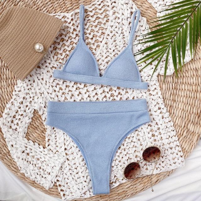 Bikini Swimwear Swimsuit Women Solid Bathing Suit Bikini Set With Pad Female High Waist Beachwear Women Bikini Swimsuits 2 Piece Deep V Neck Swimwear Adjustable Strap Back Bathing Suits Stevvex