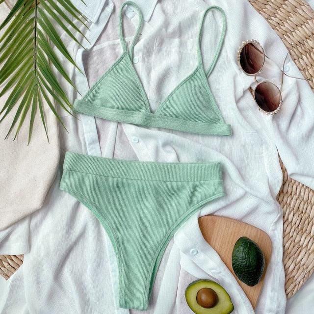 Bikini Swimwear Swimsuit Women Solid Bathing Suit Bikini Set With Pad Female High Waist Beachwear Women Bikini Swimsuits 2 Piece Deep V Neck Swimwear Adjustable Strap Back Bathing Suits Stevvex