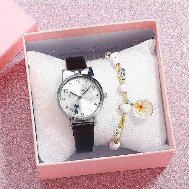 New Fashion Childrens Watch Analog Children Quartz Watch With Bracelet Set Little Cat Watch Kids Children Quartz Electronic Watch Unisex Wrist Leather Strap Watches Stevvex