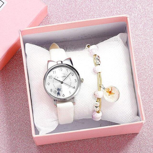 New Fashion Childrens Watch Analog Children Quartz Watch With Bracelet Set Little Cat Watch Kids Children Quartz Electronic Watch Unisex Wrist Leather Strap Watches Stevvex