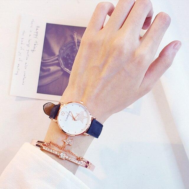 Luxury Girl Watch Student High School Small Fresh Watch Pink Cute Star Starry Sky Casual Leather Female Wrist Watch Leather Band Thin Minimalist Casual Simple Dress Watch Stevvex