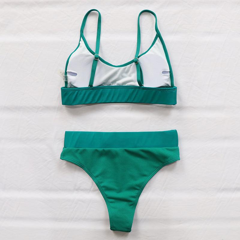 High Waist Bikinis Ribbed Swimwear Women Push Up Swimsuits Women's Scoop Neck Swimsuits High Waist Bikini Sets 2 Piece Bathing Suit Solid Strap Bathing Suit Female Set Stevvex