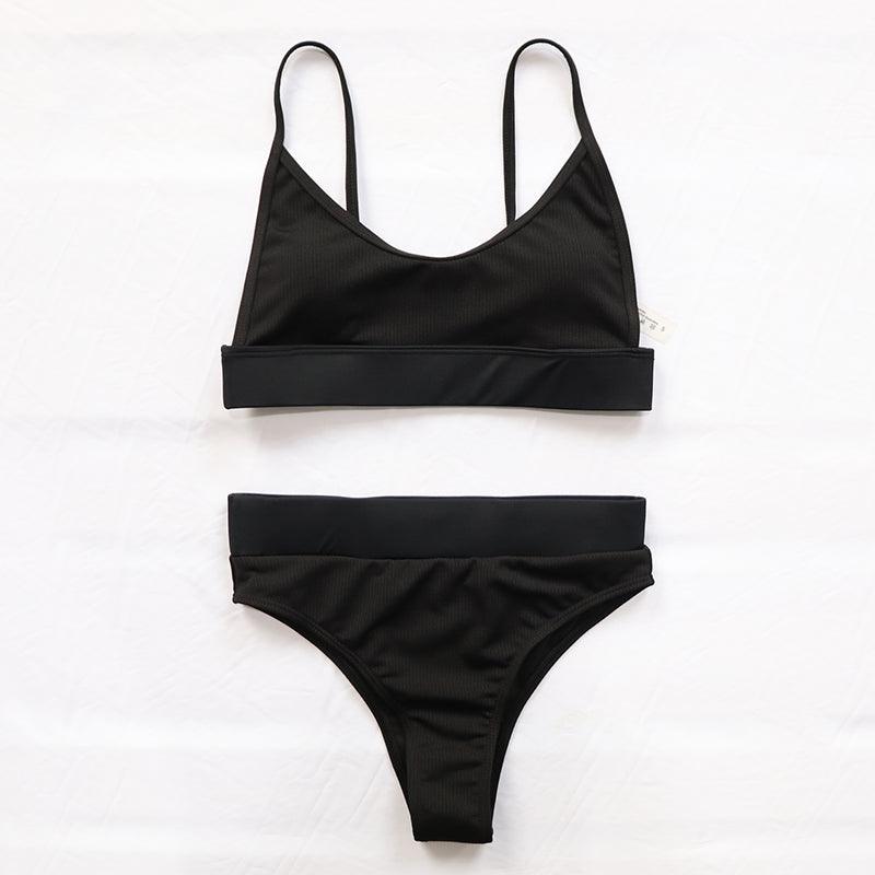 High Waist Bikinis Ribbed Swimwear Women Push Up Swimsuits Women's Scoop Neck Swimsuits High Waist Bikini Sets 2 Piece Bathing Suit Solid Strap Bathing Suit Female Set Stevvex