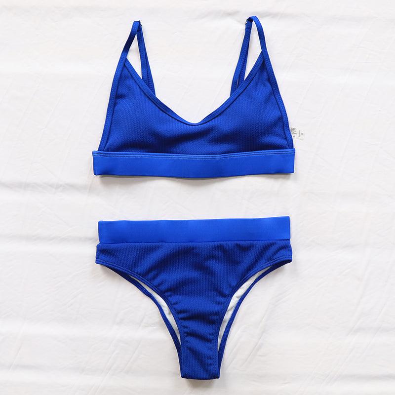 High Waist Bikinis Ribbed Swimwear Women Push Up Swimsuits Women's Scoop Neck Swimsuits High Waist Bikini Sets 2 Piece Bathing Suit Solid Strap Bathing Suit Female Set Stevvex