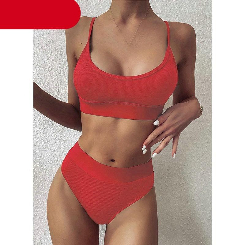 High Waist Bikinis Ribbed Swimwear Women Push Up Swimsuits Women's Scoop Neck Swimsuits High Waist Bikini Sets 2 Piece Bathing Suit Solid Strap Bathing Suit Female Set Stevvex