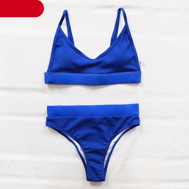 High Waist Bikinis Ribbed Swimwear Women Push Up Swimsuits Women's Scoop Neck Swimsuits High Waist Bikini Sets 2 Piece Bathing Suit Solid Strap Bathing Suit Female Set Stevvex