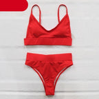 High Waist Bikinis Ribbed Swimwear Women Push Up Swimsuits Women's Scoop Neck Swimsuits High Waist Bikini Sets 2 Piece Bathing Suit Solid Strap Bathing Suit Female Set Stevvex