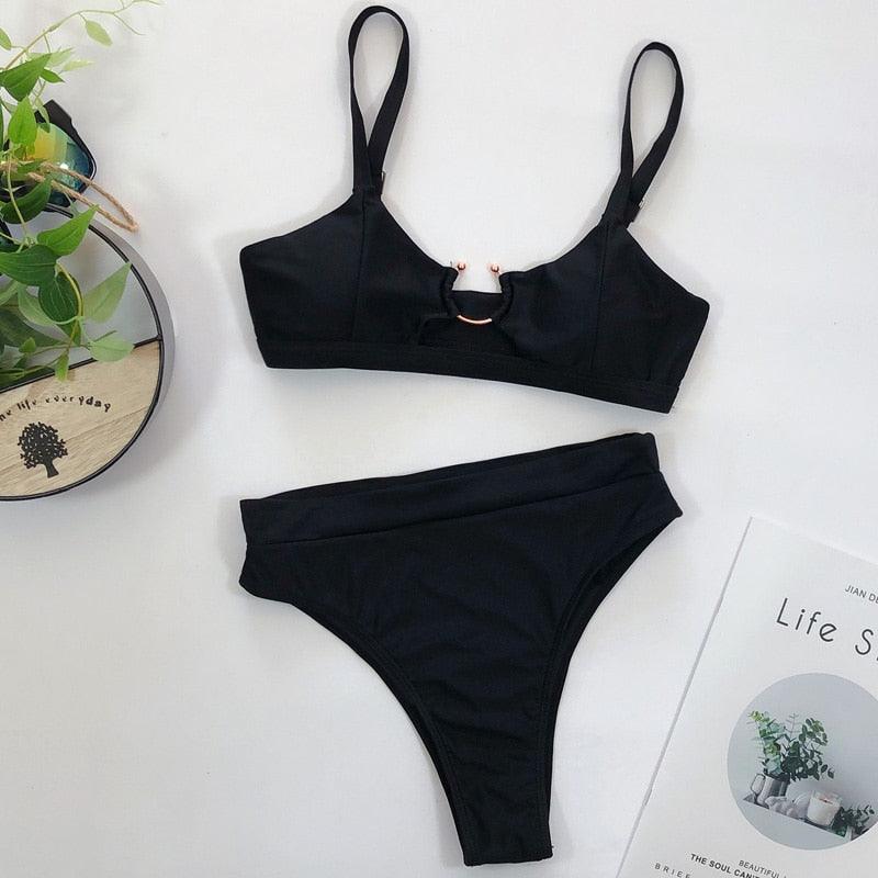 Women High Waist Bikini Swimsuit Swimwear Female Women Metal Ring Cross Bandage Bikini Set Swimsuit Two Piece Cutout Tie Back Bathing Suit Thong Bikini Set Bathing Suit Bather Stevvex