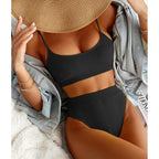 High Waist Bikinis Swimwear Women Push Up Swimsuits Solid High Waist Bikini Sets Sporty Two Pieces Swimsuit Scoop Neck Bathing Suits for Women Ribbed Bathing Suits High Cut Summer Beachwear Stevvex