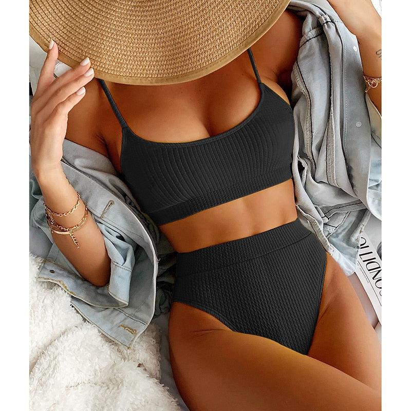 High Waist Bikinis Swimwear Women Push Up Swimsuits Solid High Waist Bikini Sets Sporty Two Pieces Swimsuit Scoop Neck Bathing Suits for Women Ribbed Bathing Suits High Cut Summer Beachwear Stevvex