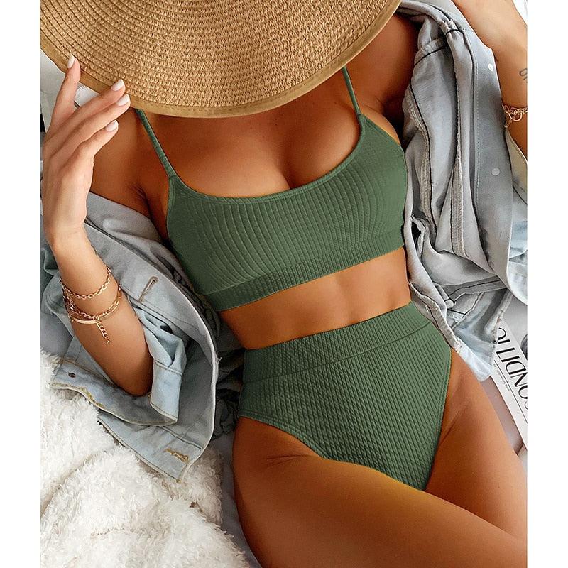 High Waist Bikinis Swimwear Women Push Up Swimsuits Solid High Waist Bikini Sets Sporty Two Pieces Swimsuit Scoop Neck Bathing Suits for Women Ribbed Bathing Suits High Cut Summer Beachwear Stevvex
