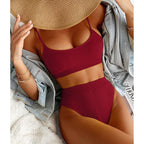 High Waist Bikinis Swimwear Women Push Up Swimsuits Solid High Waist Bikini Sets Sporty Two Pieces Swimsuit Scoop Neck Bathing Suits for Women Ribbed Bathing Suits High Cut Summer Beachwear Stevvex