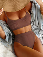 High Waist Bikinis Swimwear Women Push Up Swimsuits Solid High Waist Bikini Sets Sporty Two Pieces Swimsuit Scoop Neck Bathing Suits for Women Ribbed Bathing Suits High Cut Summer Beachwear Stevvex