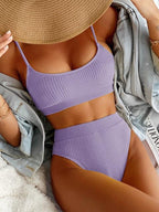 High Waist Bikinis Swimwear Women Push Up Swimsuits Solid High Waist Bikini Sets Sporty Two Pieces Swimsuit Scoop Neck Bathing Suits for Women Ribbed Bathing Suits High Cut Summer Beachwear Stevvex