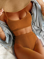 High Waist Bikinis Swimwear Women Push Up Swimsuits Solid High Waist Bikini Sets Sporty Two Pieces Swimsuit Scoop Neck Bathing Suits for Women Ribbed Bathing Suits High Cut Summer Beachwear Stevvex