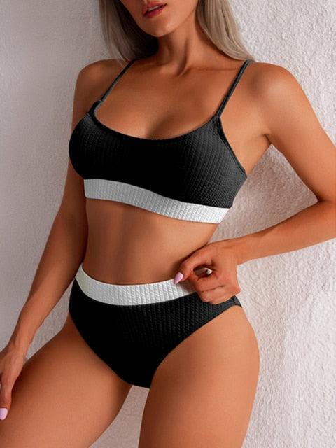 High Waist Bikinis Swimwear Women Push Up Swimsuits Solid High Waist Bikini Sets Sporty Two Pieces Swimsuit Scoop Neck Bathing Suits for Women Ribbed Bathing Suits High Cut Summer Beachwear Stevvex