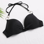 Halter Bikini Bandage Swimsuit Solid Swimwear Sport Liquid Metallic Shiny String Bikini 2 Piece Swimsuit Set Women Shiny Bikini Set Bathing Suit Push Up Two-piece Suit Stevvex