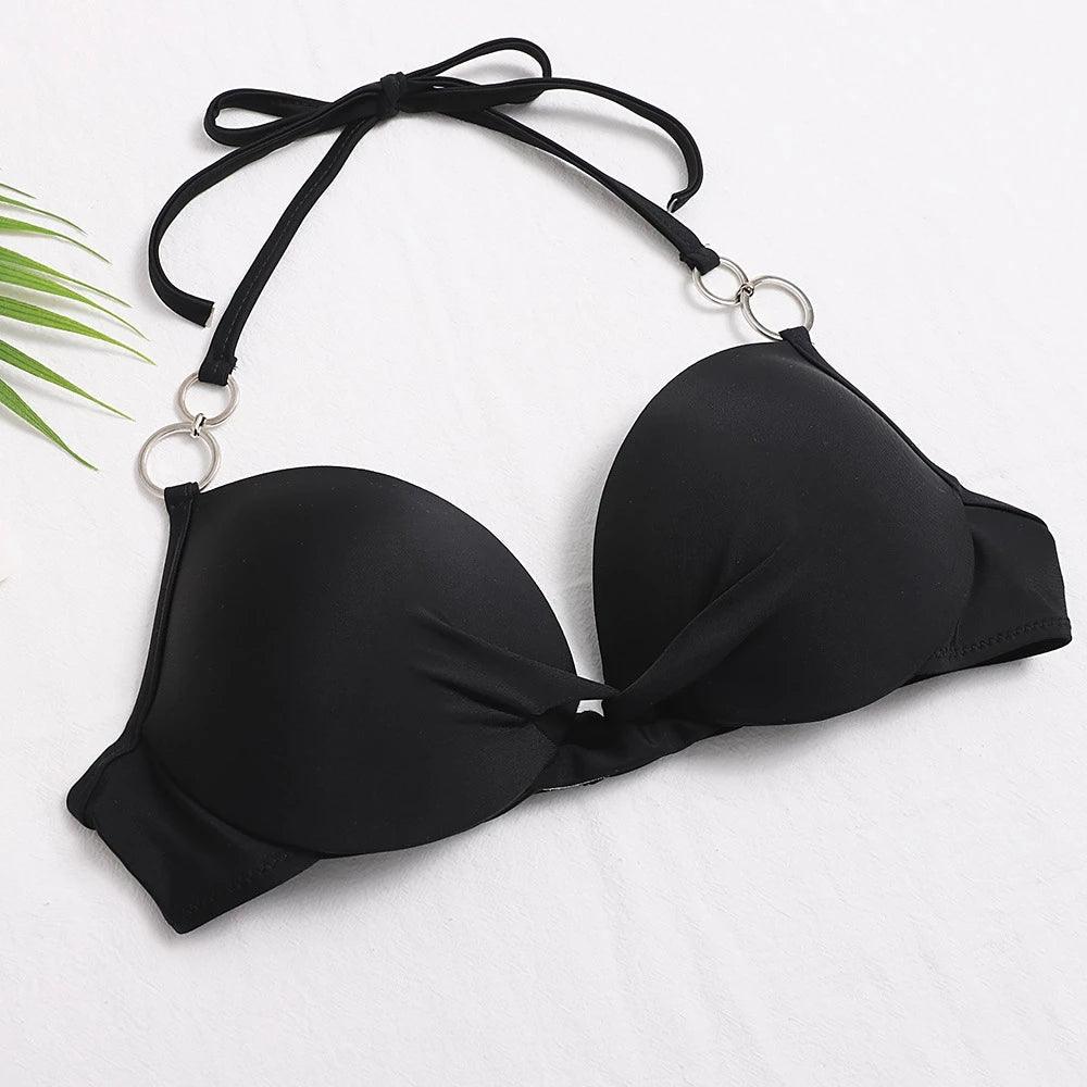 Halter Bikini Bandage Swimsuit Solid Swimwear Sport Liquid Metallic Shiny String Bikini 2 Piece Swimsuit Set Women Shiny Bikini Set Bathing Suit Push Up Two-piece Suit Stevvex