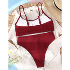 High Waist Bikinis Swimwear Women Push Up Swimsuits Solid High Waist Bikini Sets Sporty Two Pieces Swimsuit Scoop Neck Bathing Suits for Women Ribbed Bathing Suits High Cut Summer Beachwear Stevvex