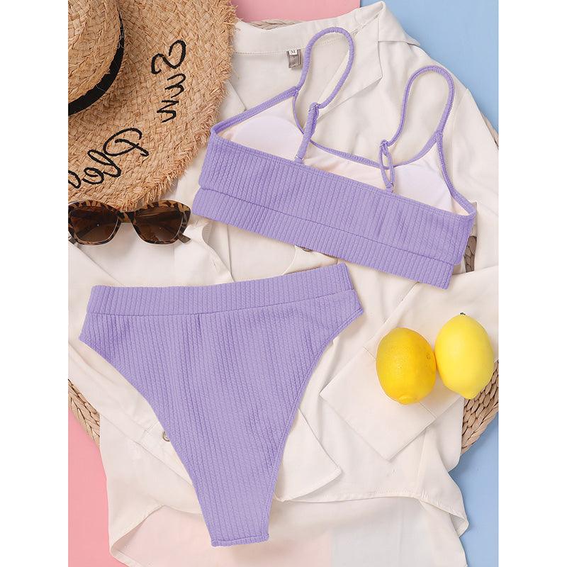 High Waist Bikinis Swimwear Women Push Up Swimsuits Solid High Waist Bikini Sets Sporty Two Pieces Swimsuit Scoop Neck Bathing Suits for Women Ribbed Bathing Suits High Cut Summer Beachwear Stevvex