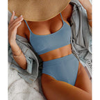 High Waist Bikinis Swimwear Women Push Up Swimsuits Solid High Waist Bikini Sets Sporty Two Pieces Swimsuit Scoop Neck Bathing Suits for Women Ribbed Bathing Suits High Cut Summer Beachwear Stevvex