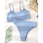 High Waist Bikinis Swimwear Women Push Up Swimsuits Solid High Waist Bikini Sets Sporty Two Pieces Swimsuit Scoop Neck Bathing Suits for Women Ribbed Bathing Suits High Cut Summer Beachwear Stevvex