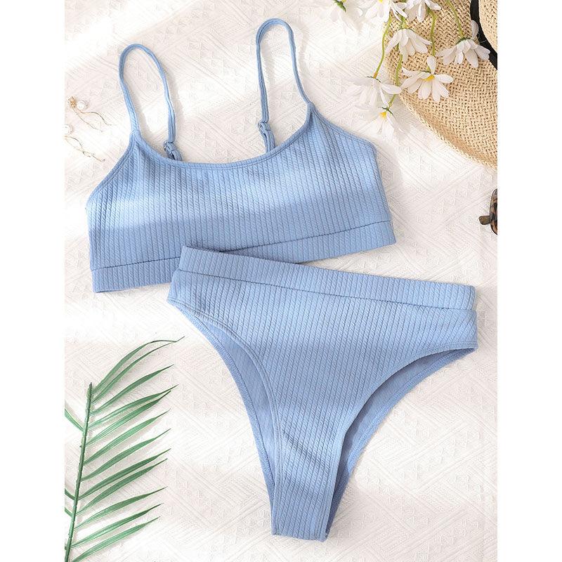 High Waist Bikinis Swimwear Women Push Up Swimsuits Solid High Waist Bikini Sets Sporty Two Pieces Swimsuit Scoop Neck Bathing Suits for Women Ribbed Bathing Suits High Cut Summer Beachwear Stevvex