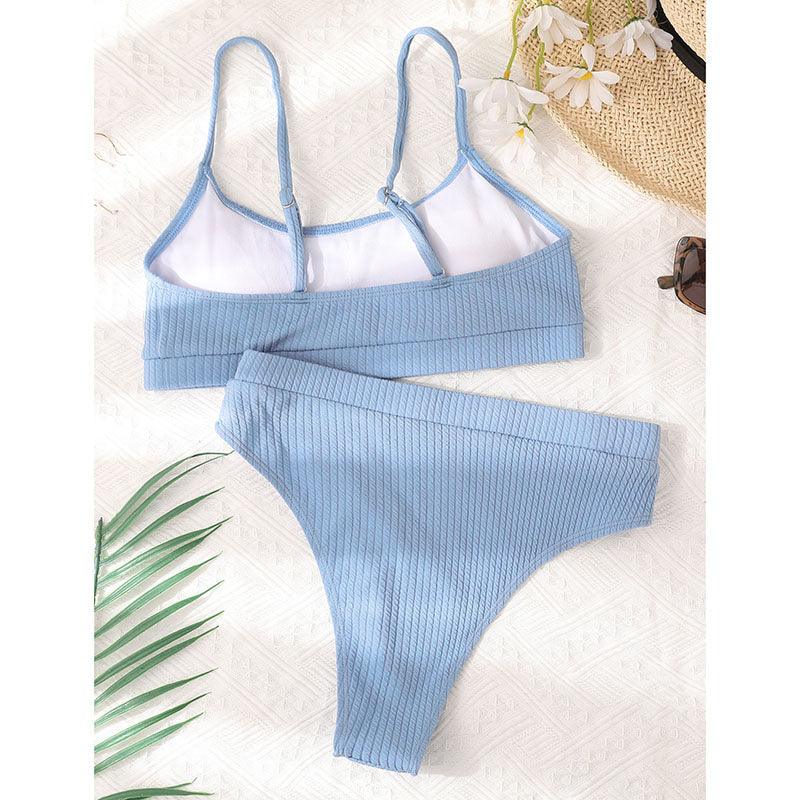 High Waist Bikinis Swimwear Women Push Up Swimsuits Solid High Waist Bikini Sets Sporty Two Pieces Swimsuit Scoop Neck Bathing Suits for Women Ribbed Bathing Suits High Cut Summer Beachwear Stevvex