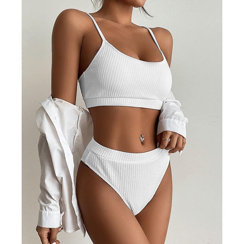 High Waist Bikinis Swimwear Women Push Up Swimsuits Solid High Waist Bikini Sets Sporty Two Pieces Swimsuit Scoop Neck Bathing Suits for Women Ribbed Bathing Suits High Cut Summer Beachwear Stevvex