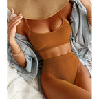 High Waist Bikinis Swimwear Women Push Up Swimsuits Solid High Waist Bikini Sets Sporty Two Pieces Swimsuit Scoop Neck Bathing Suits for Women Ribbed Bathing Suits High Cut Summer Beachwear Stevvex