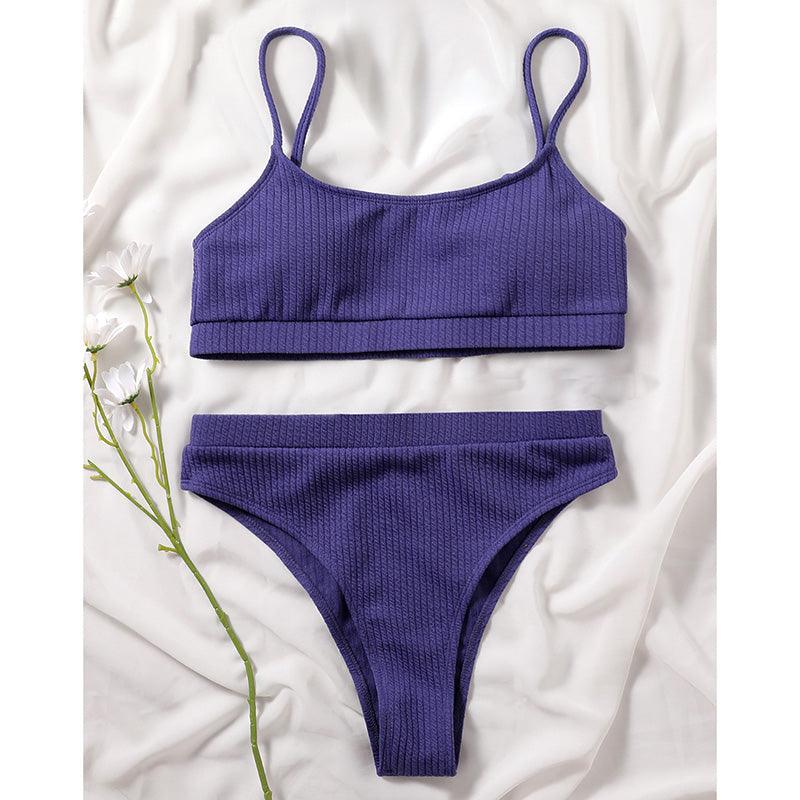 High Waist Bikinis Swimwear Women Push Up Swimsuits Solid High Waist Bikini Sets Sporty Two Pieces Swimsuit Scoop Neck Bathing Suits for Women Ribbed Bathing Suits High Cut Summer Beachwear Stevvex
