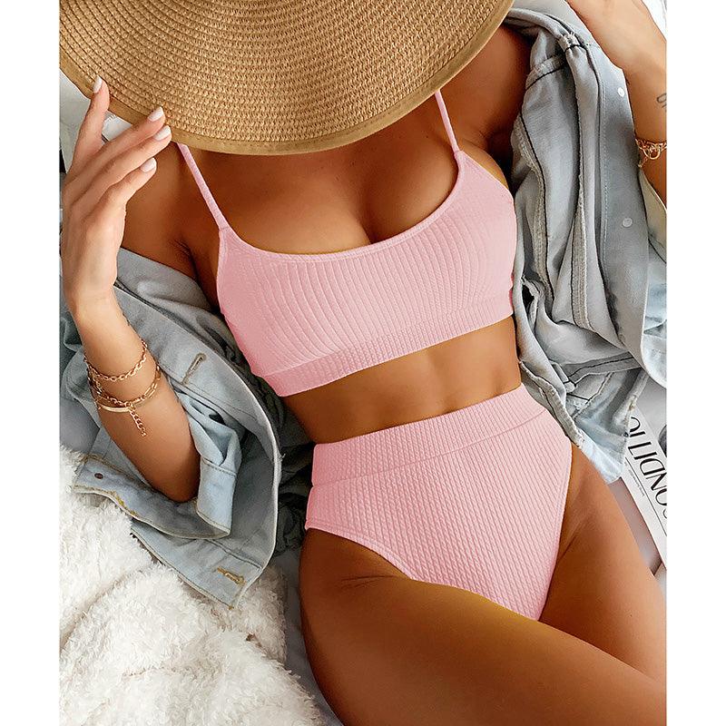 High Waist Bikinis Swimwear Women Push Up Swimsuits Solid High Waist Bikini Sets Sporty Two Pieces Swimsuit Scoop Neck Bathing Suits for Women Ribbed Bathing Suits High Cut Summer Beachwear Stevvex
