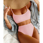 High Waist Bikinis Swimwear Women Push Up Swimsuits Solid High Waist Bikini Sets Sporty Two Pieces Swimsuit Scoop Neck Bathing Suits for Women Ribbed Bathing Suits High Cut Summer Beachwear Stevvex
