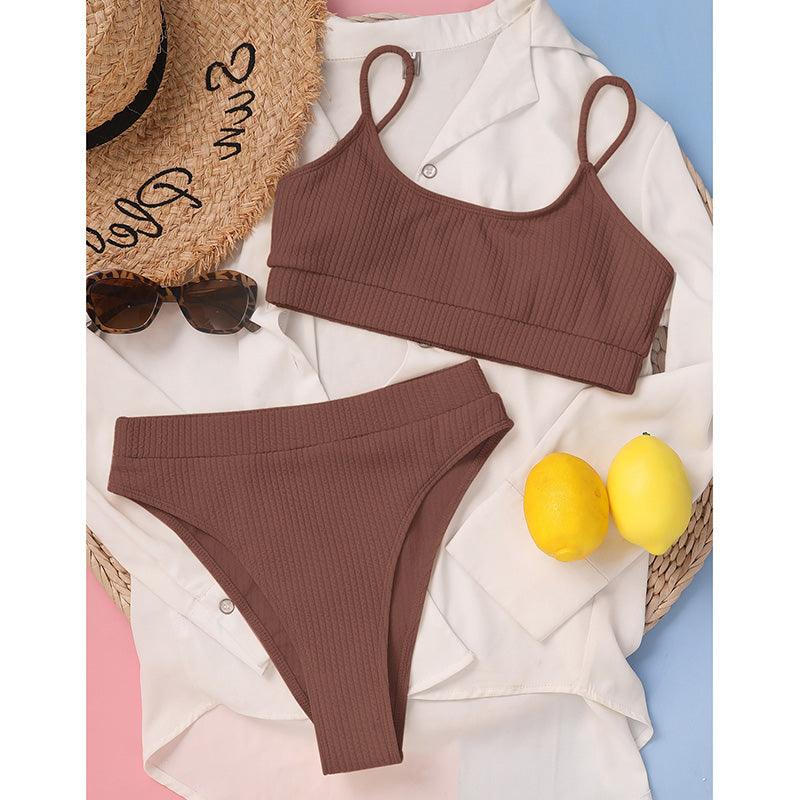 High Waist Bikinis Swimwear Women Push Up Swimsuits Solid High Waist Bikini Sets Sporty Two Pieces Swimsuit Scoop Neck Bathing Suits for Women Ribbed Bathing Suits High Cut Summer Beachwear Stevvex