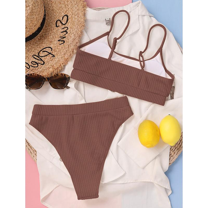 High Waist Bikinis Swimwear Women Push Up Swimsuits Solid High Waist Bikini Sets Sporty Two Pieces Swimsuit Scoop Neck Bathing Suits for Women Ribbed Bathing Suits High Cut Summer Beachwear Stevvex