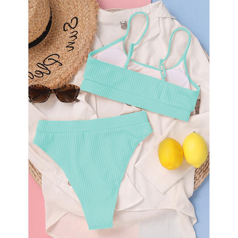 High Waist Bikinis Swimwear Women Push Up Swimsuits Solid High Waist Bikini Sets Sporty Two Pieces Swimsuit Scoop Neck Bathing Suits for Women Ribbed Bathing Suits High Cut Summer Beachwear Stevvex