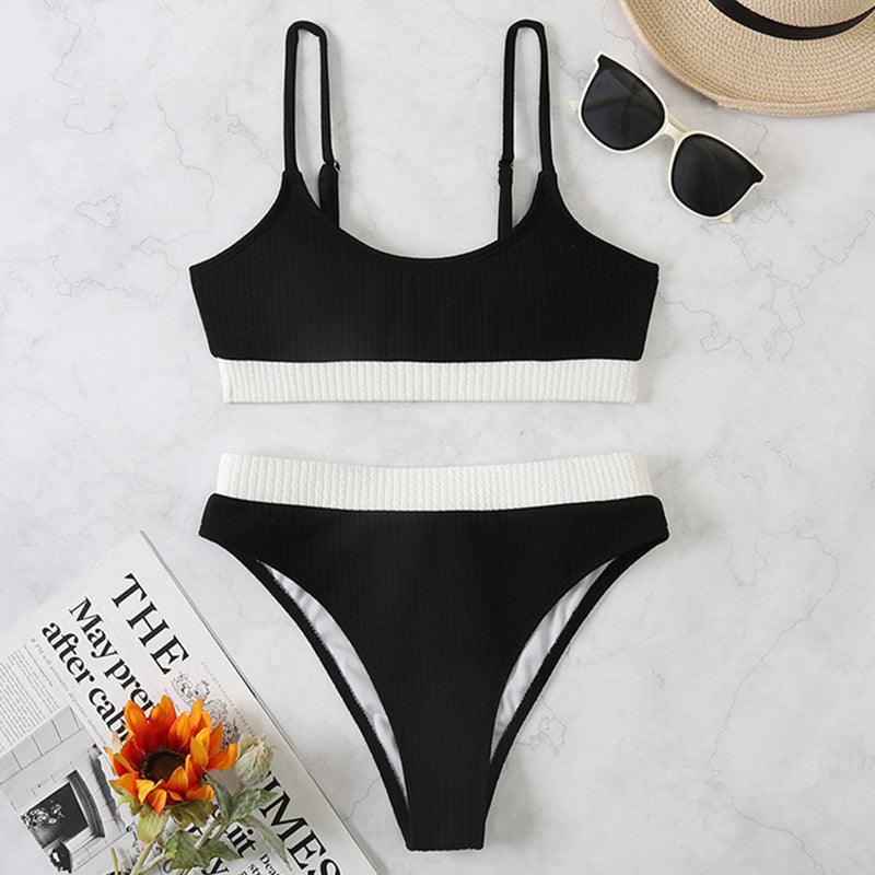 High Waist Bikinis Swimwear Women Push Up Swimsuits Solid High Waist Bikini Sets Sporty Two Pieces Swimsuit Scoop Neck Bathing Suits for Women Ribbed Bathing Suits High Cut Summer Beachwear Stevvex