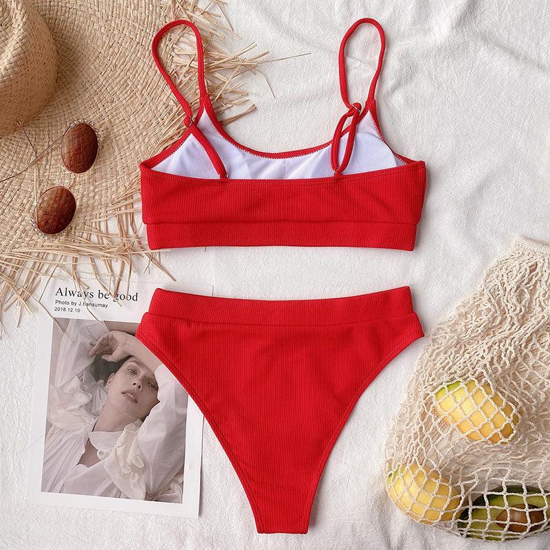 High Waist Bikini Swimsuits Women Push Up Swimwear Ribbed Bathing Suit Strap  Bikinis Set Beachwear High Waist Bathing Suit Full Coverage Two Piece Swimsuit Stevvex
