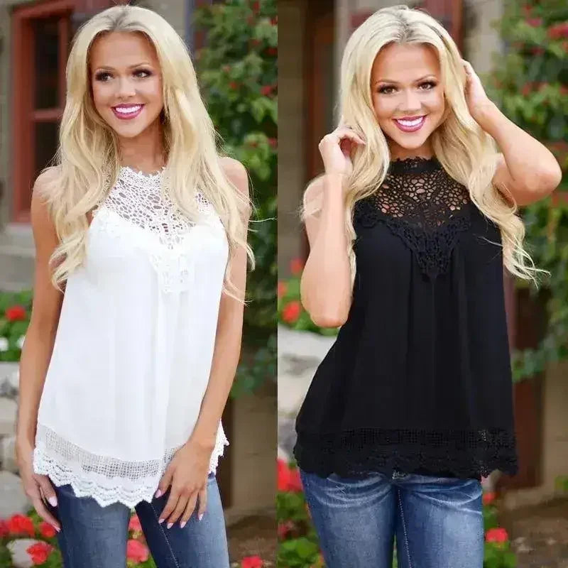 Lace Women Blouse Vintage Sleeveless White Crochet Casual Shirts Tops - SJB-DIAMOND ELITES
