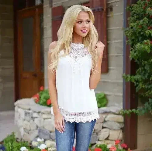 Lace Women Blouse Vintage Sleeveless White Crochet Casual Shirts Tops - SJB-DIAMOND ELITES