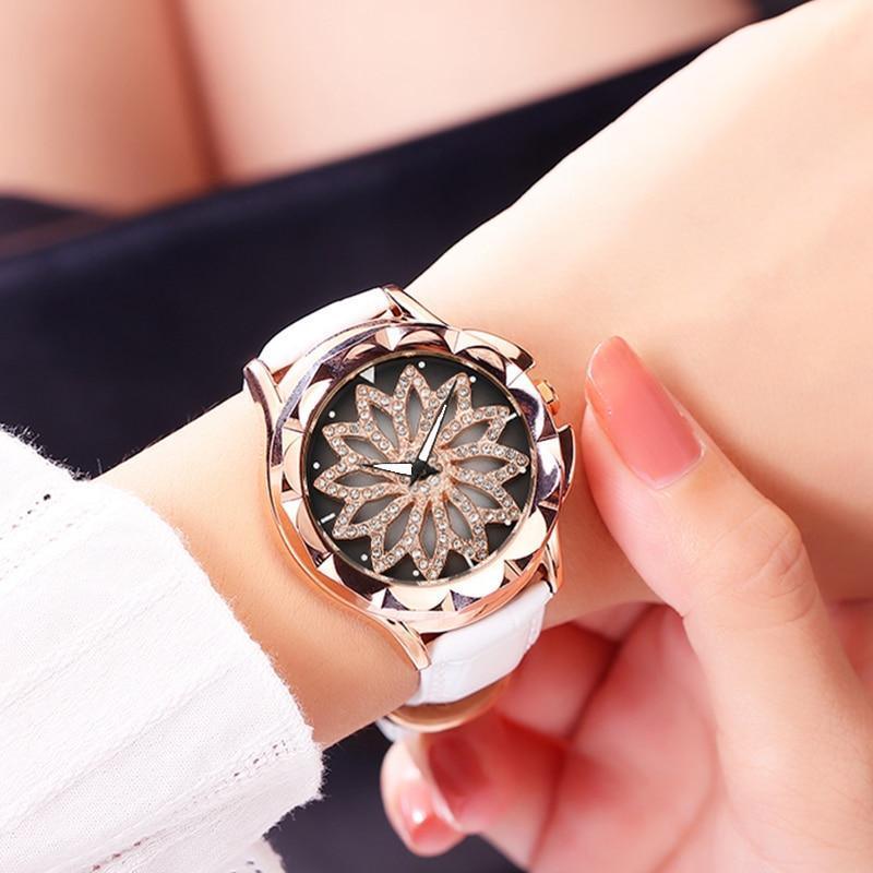 Luxury White Flower Womens Watch Analog Quartz Waterproof Wristwatches Elegant Leather Strap Modern Design Stevvex