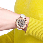 Luxury White Flower Womens Watch Analog Quartz Waterproof Wristwatches Elegant Leather Strap Modern Design Stevvex