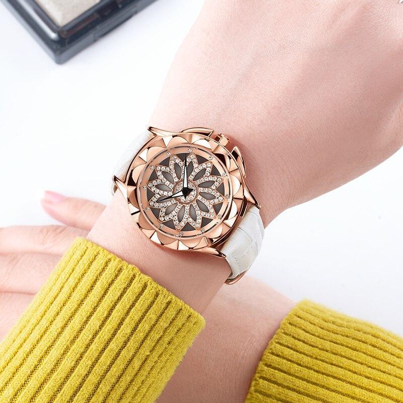 Luxury White Flower Womens Watch Analog Quartz Waterproof Wristwatches Elegant Leather Strap Modern Design Stevvex