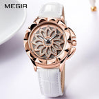 Luxury White Flower Womens Watch Analog Quartz Waterproof Wristwatches Elegant Leather Strap Modern Design Stevvex