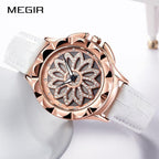 Luxury White Flower Womens Watch Analog Quartz Waterproof Wristwatches Elegant Leather Strap Modern Design Stevvex