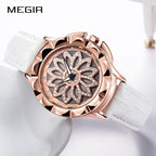 Luxury White Flower Womens Watch Analog Quartz Waterproof Wristwatches Elegant Leather Strap Modern Design Stevvex