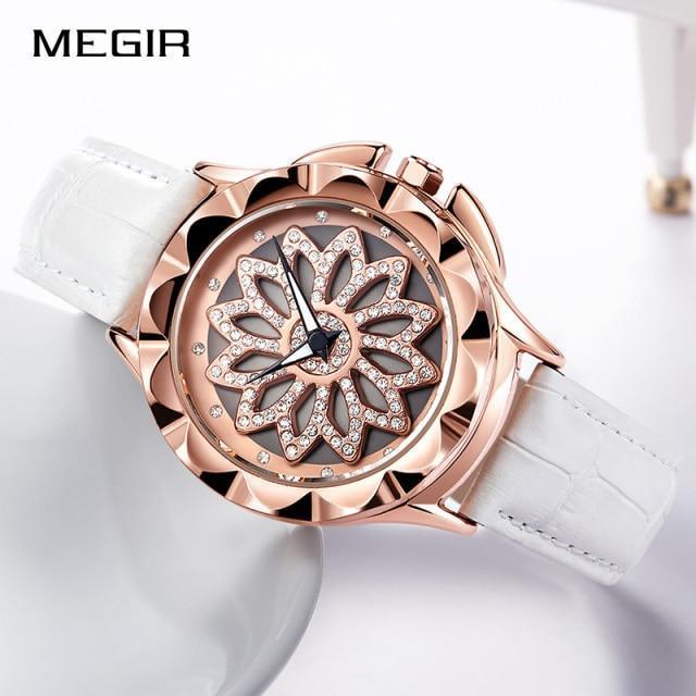 Luxury White Flower Womens Watch Analog Quartz Waterproof Wristwatches Elegant Leather Strap Modern Design Stevvex