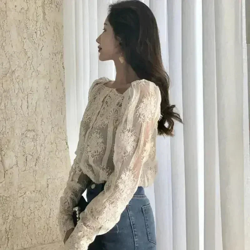 Mesh Pearls Shirts Strapless Lace Long Sleeve Gauze Stitching Blouse - SJB-DIAMOND ELITES