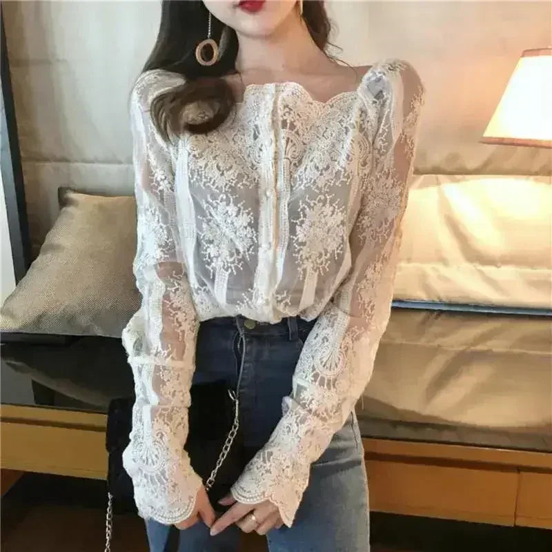 Mesh Pearls Shirts Strapless Lace Long Sleeve Gauze Stitching Blouse - SJB-DIAMOND ELITES